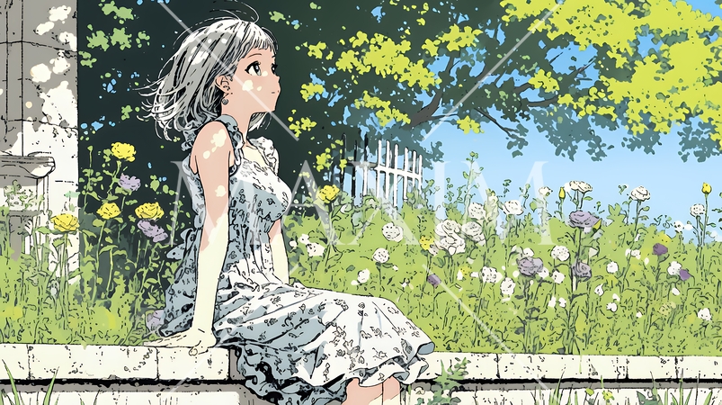 バラ園を散策している若い女性