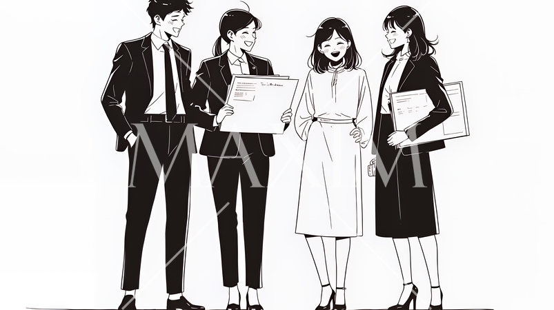 オフィスで立ったまま簡単な打合せをしているビジネスパーソン（シンプルな色使い）