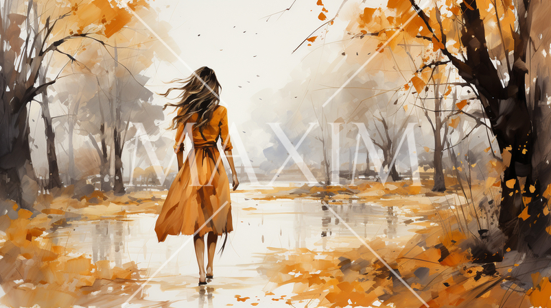 若い女性がいる秋の公園：木々が色づいている水彩画