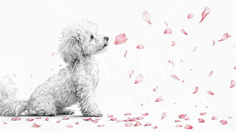 桜の花びらと戯れているトイプードル