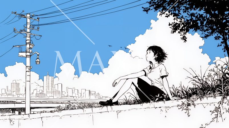 若い女性が佇む都市の街角（シンプルな色使い）