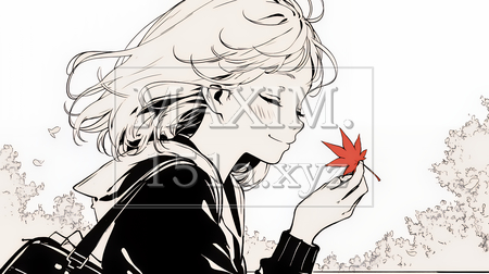 落ち葉をつまんで眺める若い女性｜秋を感じる女性のイラスト（シンプルな色使い）（イラストID:7298871-20504）