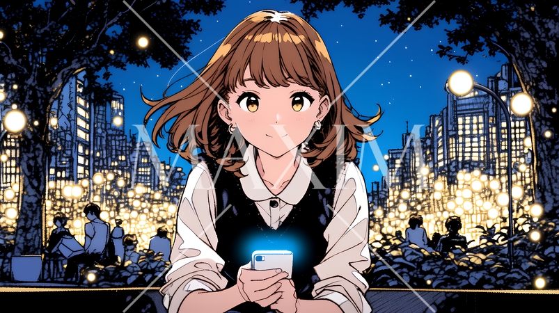 外出中にスマートフォンをいじくっている若い女性