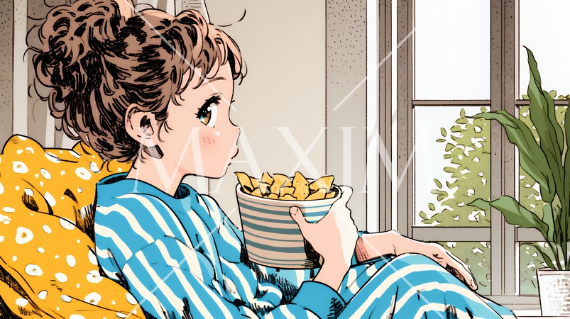 ポテトチップスをつまみながら、ひとりでビデオを観る若い女性