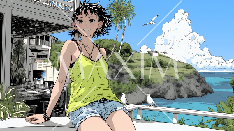 潮風の心地よさを満喫している若い女性