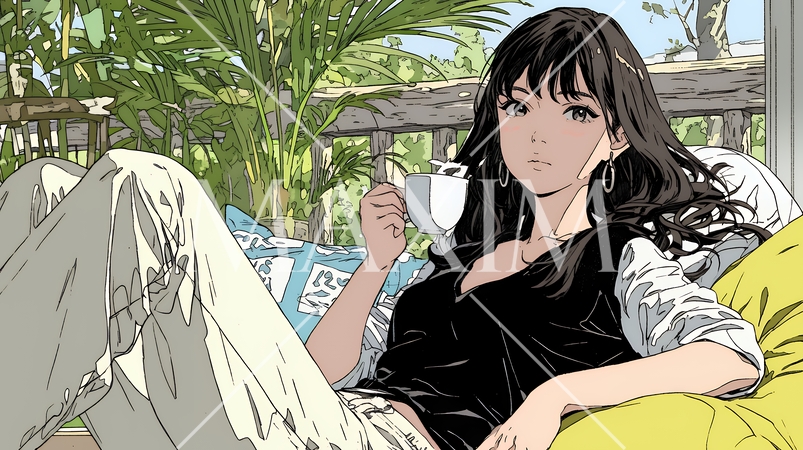 リビングで紅茶を飲んでいる女性