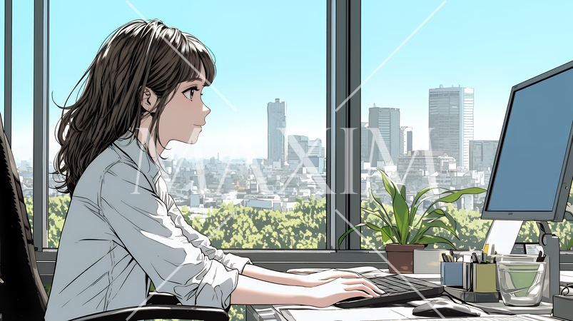 職場のデスクでパソコンに向かって仕事をしているビジネスウーマン