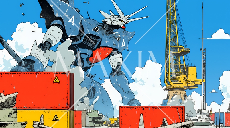 巨大関税ロボットが自由貿易港のコンテナ基地を破壊して、輸出入を妨害している