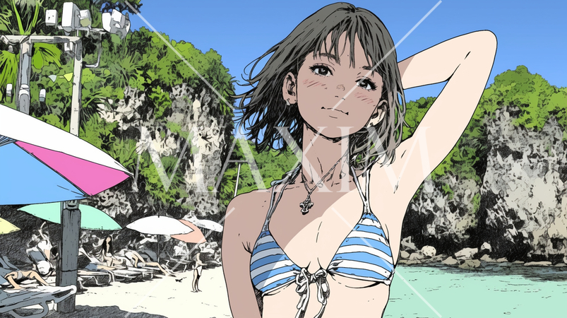 南国の海岸にビキニ姿でいる若い女性