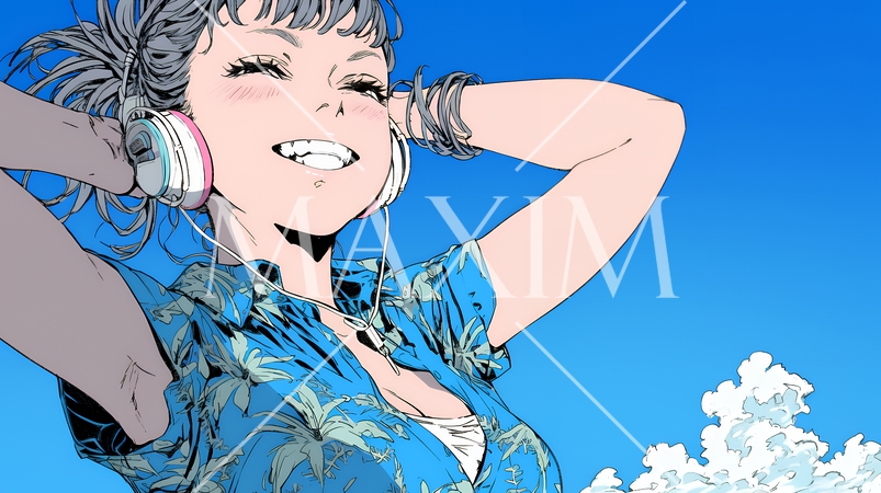 沖縄のかりゆしファッションを着て笑顔いっぱいの若い女性