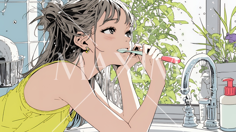 洗面所で朝の歯磨きをする若い女性