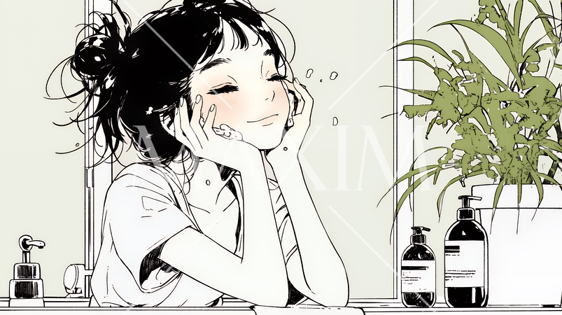 洗面所で朝の洗顔をする女性（シンプルな色使い）