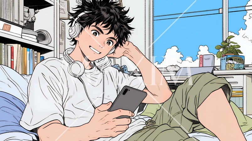 自宅の部屋でスマホをいじくっている若い男性