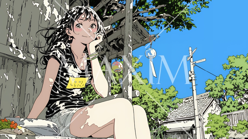 風鈴の音色を聞いている若い女性