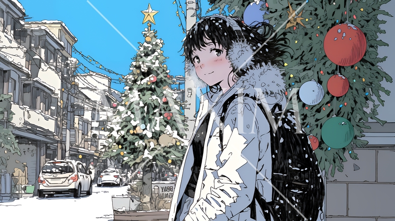 ホワイトクリスマスの街を歩く若い女性