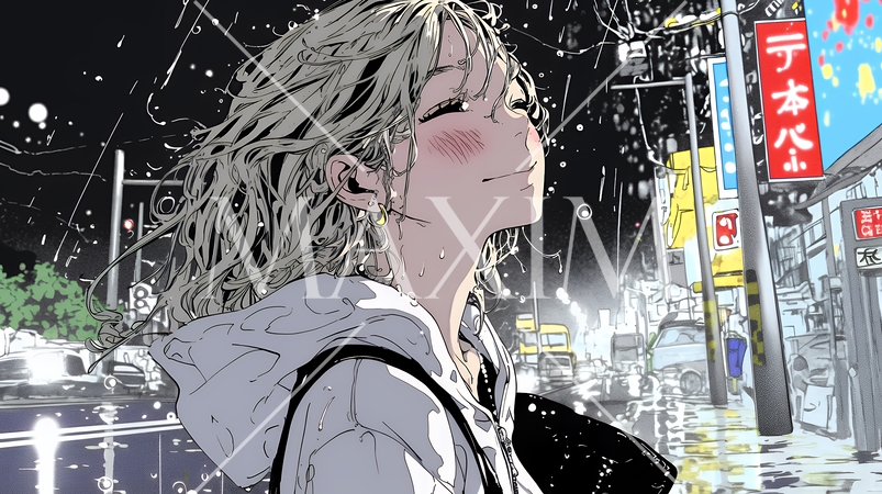 雨の中を傘をささずに歩く若い女性