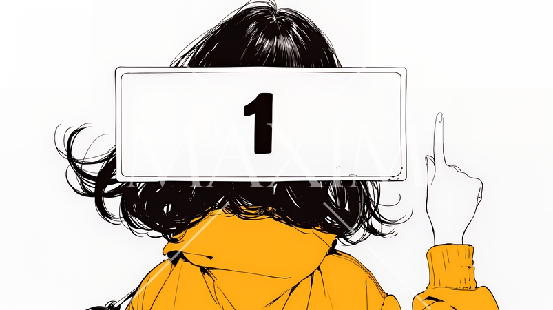 数字の「1」を掲げている若い女性（シンプルな色使い）
