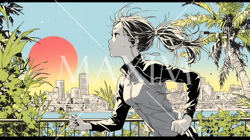 夕方の街並みを背景にジョギングをする若い女性