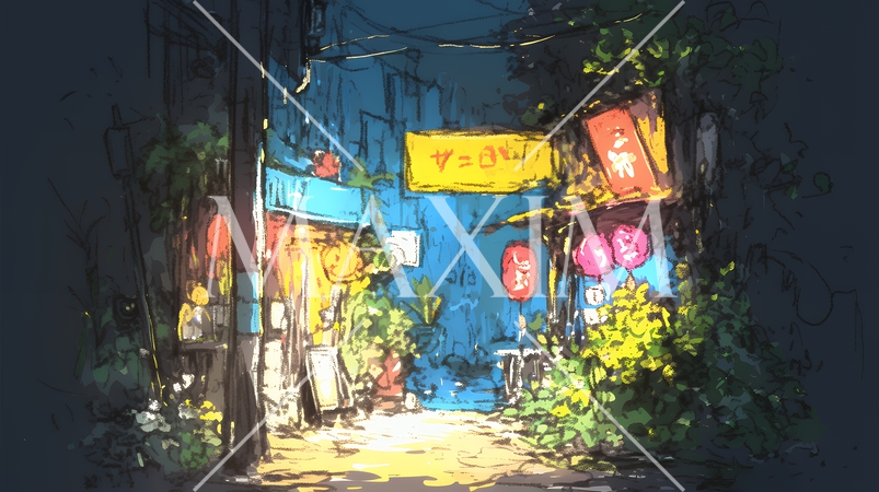 昭和の匂いがする昔ながらの飲み屋（クレヨンと水彩画風）