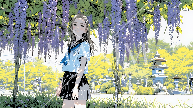 満開の藤の花の下を歩いている女子高生