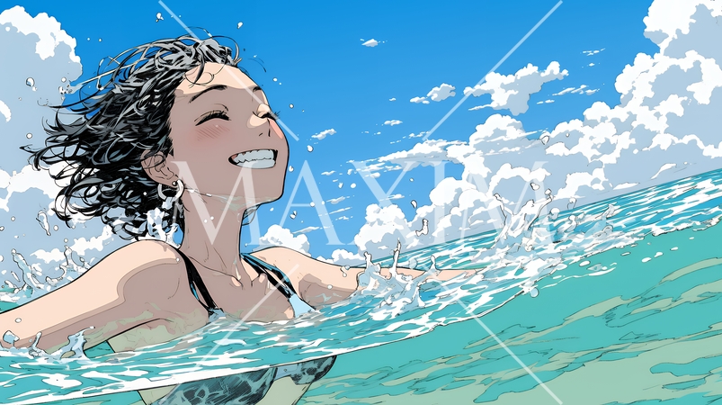 海で泳いでいる若い女性