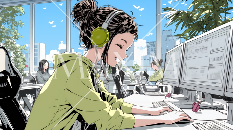 近代的なコールセンターのオフィスで働く女性オペレーター