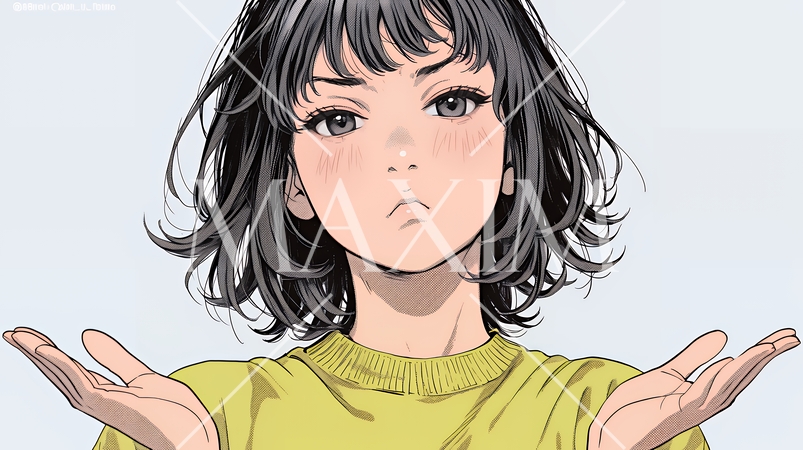 肩をすくめて困惑・諦めの仕草をしている若い女性