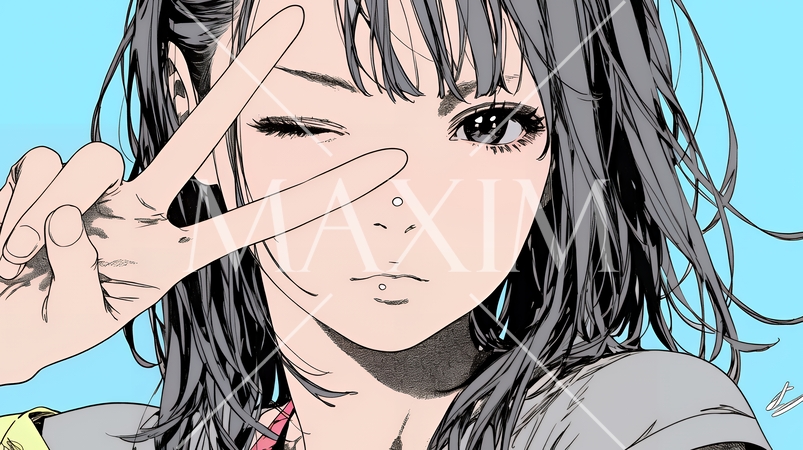 ピースサインをしている若い女性