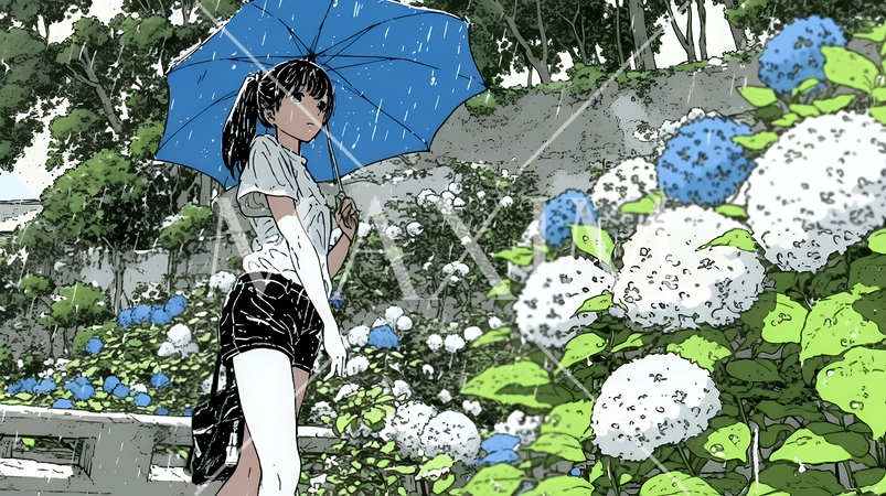 アジサイと梅雨の長雨と若い女性