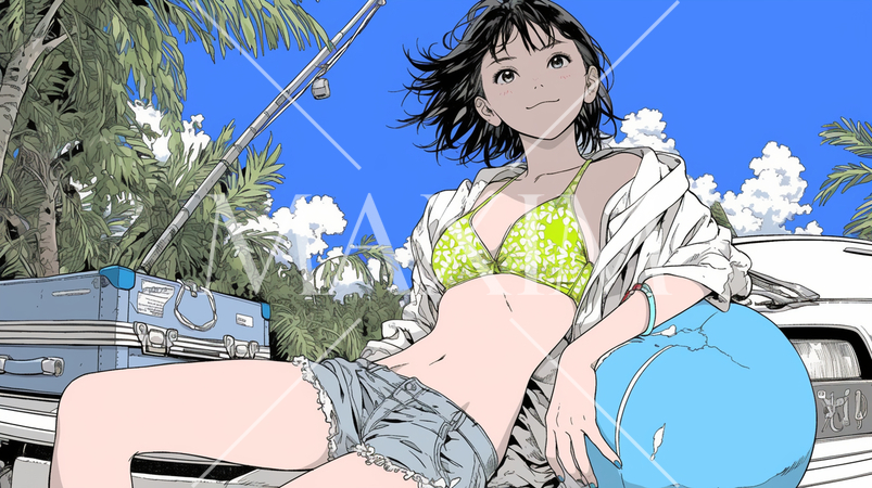 南国の海岸にビキニ姿でいる若い女性