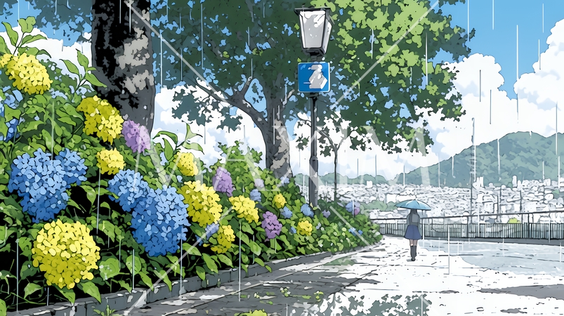 満開のアジサイと梅雨の雨