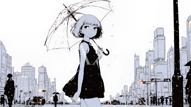 雨の中を歩く女性（シンプルな色使い）