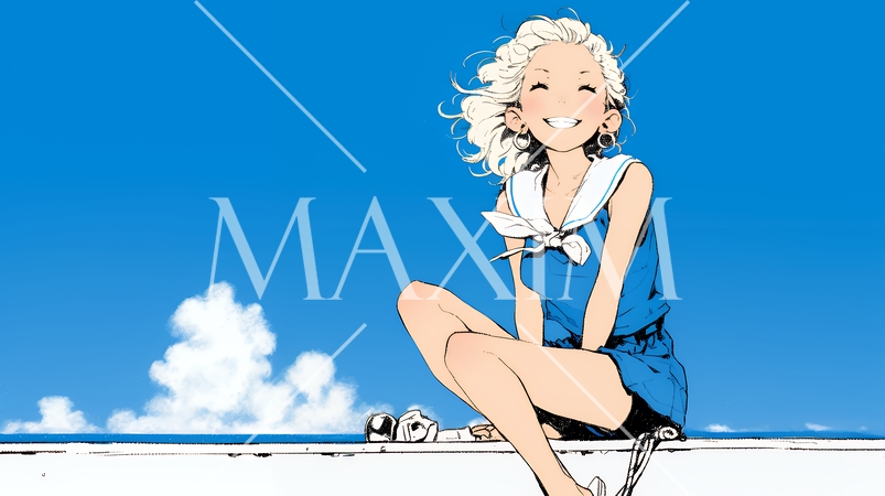 夏休みの思い出：海辺の町への一人旅（シンプルな色使い）