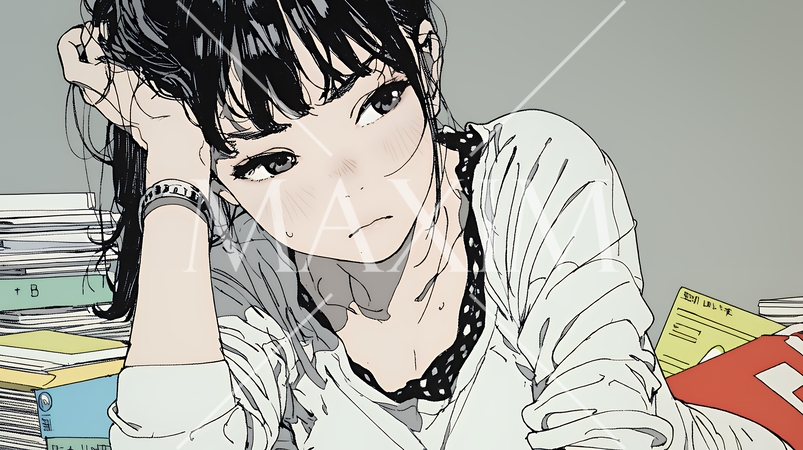 眉をひそめている女性：少し首を傾げて机に座っている