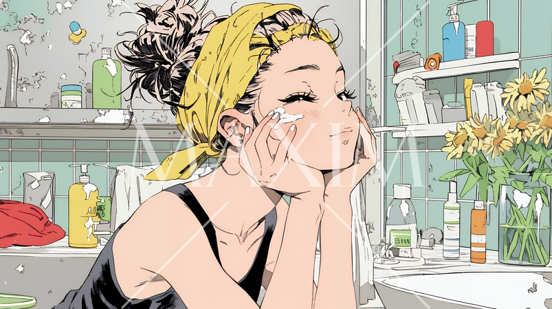 スキンケアを念入りに行う若い女性