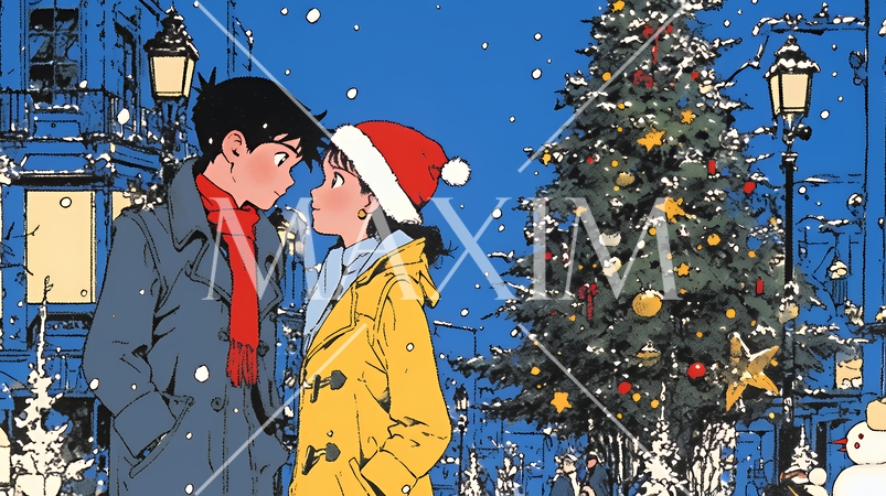 クリスマスイルミネーションの街でデートしているカップル