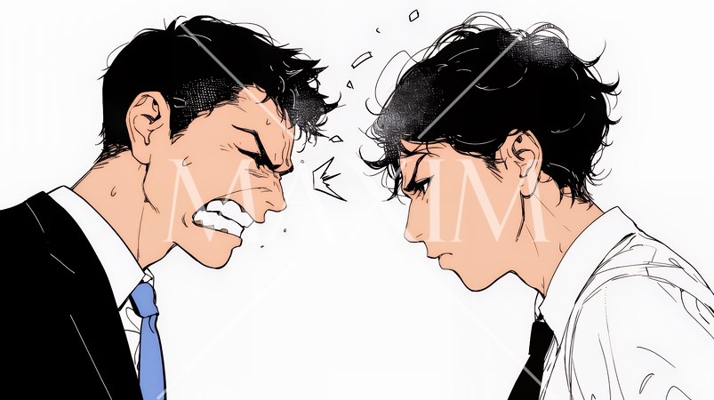 オフィスで言い争いをしているビジネスパーソン（シンプルな色使い）