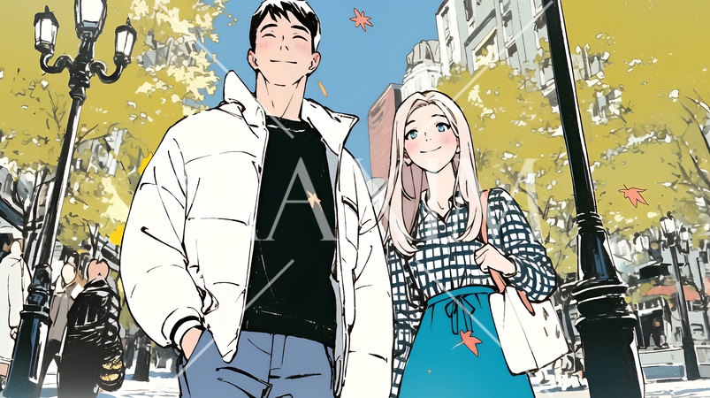 紅葉の公園でデートをしている若い男女のカップル