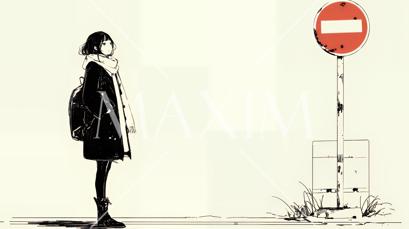 Noという意思表示：進入禁止マークと無表情な女性で表現（シンプルな色使い）