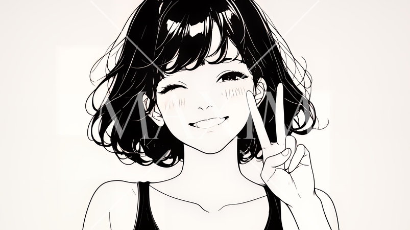 笑顔でピースサインを見せる若い女性（シンプルな色使い）