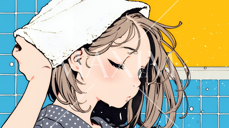 ヘアーシャワーの後の濡れ髪の若い女性