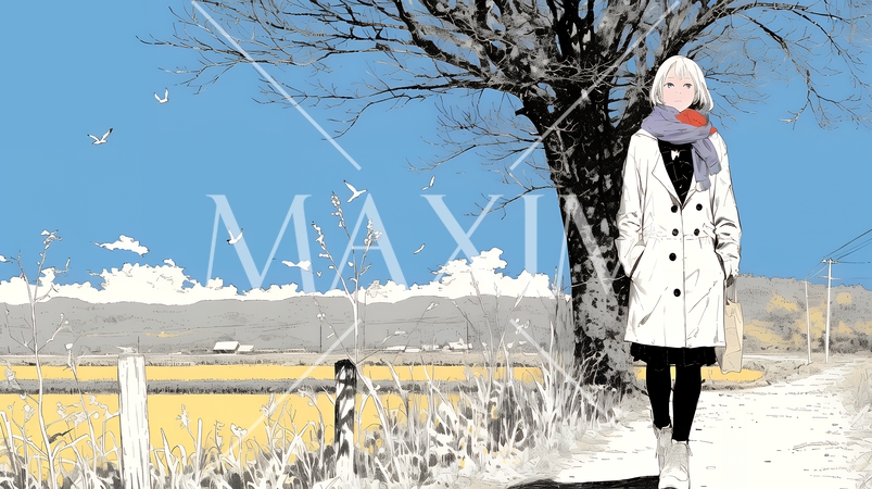 冬枯れの郊外の道を歩く若い女性