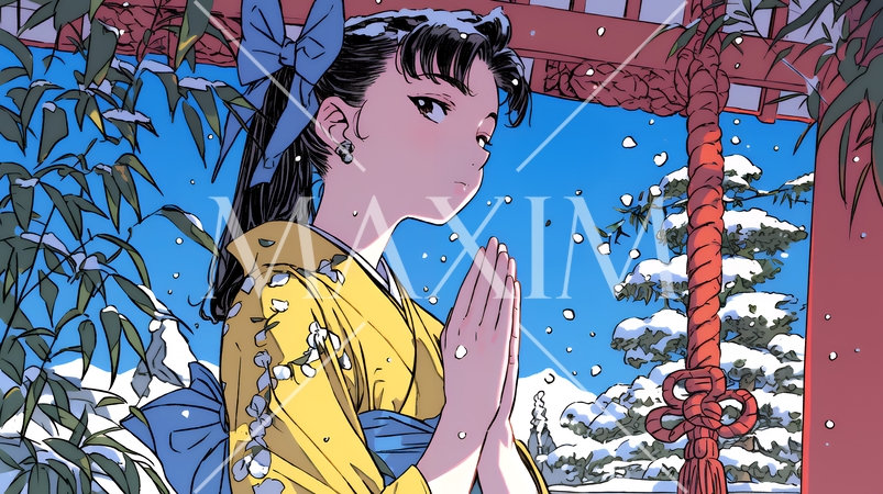 和服を着て初詣をしている若い女性