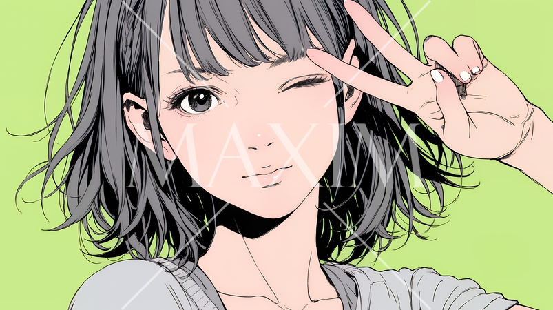 アイドルのように顔の横でピース＋ウィンクしている若い女性