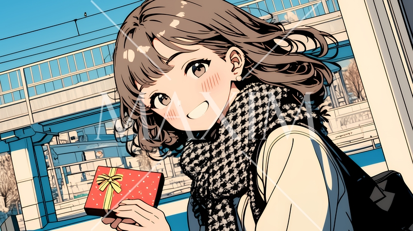 バレンタインディのチョコを男性に渡そうとしている若い女性