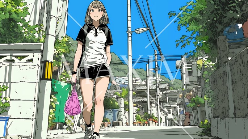 休みの日、自宅の近所を散歩している若い女性