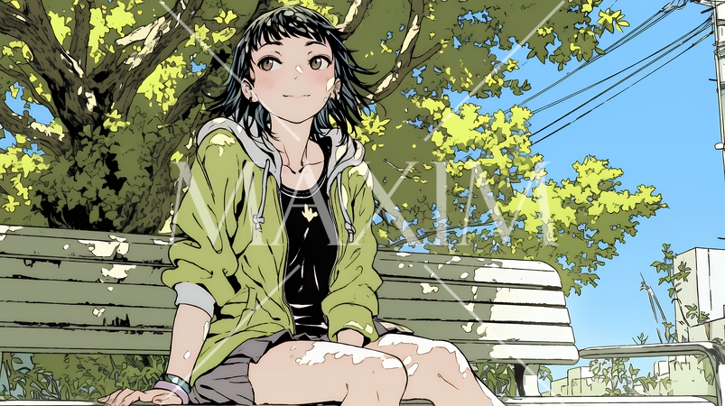 公園のベンチでひとり静かにくつろぐ若い女性