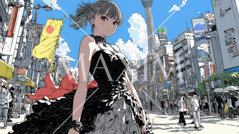 ハロウィン：ゴシックロリータファッションで町を歩く若い女性