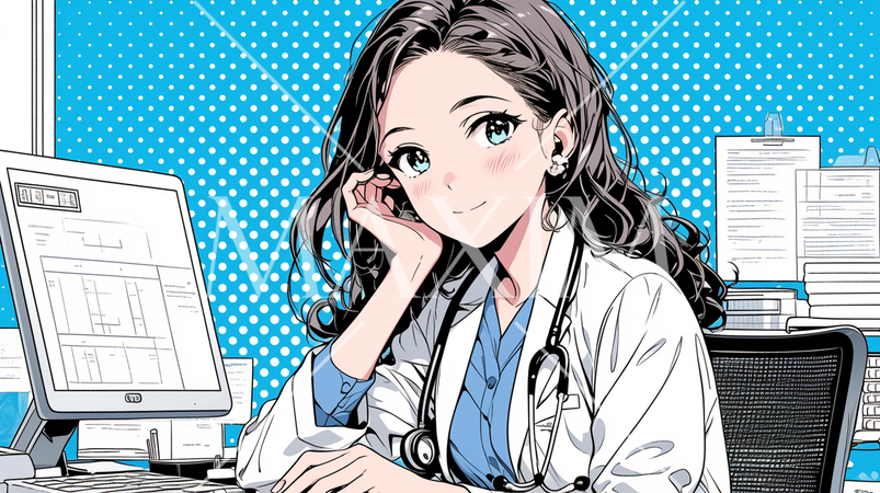 白衣を着て聴診器を首にかけている若い女医