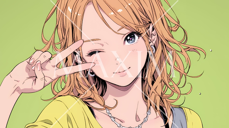 アイドルのように顔の横でピース＋ウィンクしている若い女性